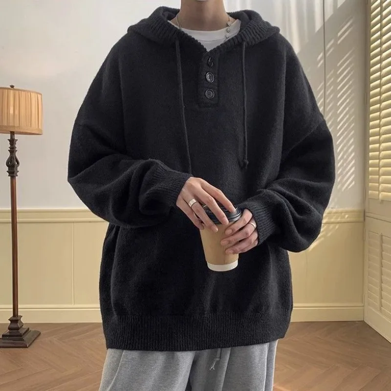 

High Quality Men's Solid Color Hooded Pullover Plus Size Knitwear 2025 New Japanese Relaxed Lazy Casual Spring Autumn Sweater