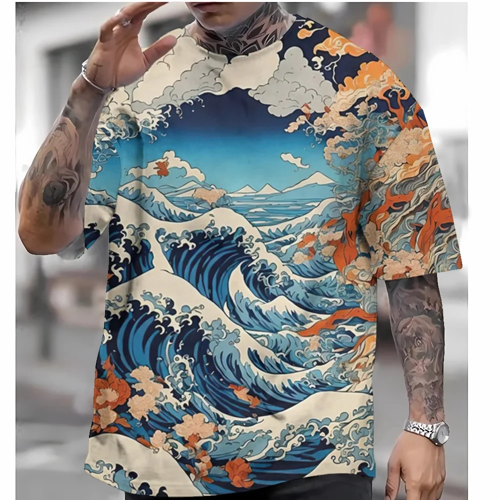 Summer New Beach Street Japanese Ukiyo-e 3D Printed Men\'s T-shirt Harajuku Fashion Crew Neck Hip-hop Men\'s Short Sleeve Tee Tops