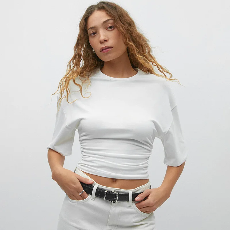 

Лето-Осенний новый однотонный пуловер с круглым вырезом, рукав пять четвертей, свободная футболка на талии, европейско-американская женская одежда