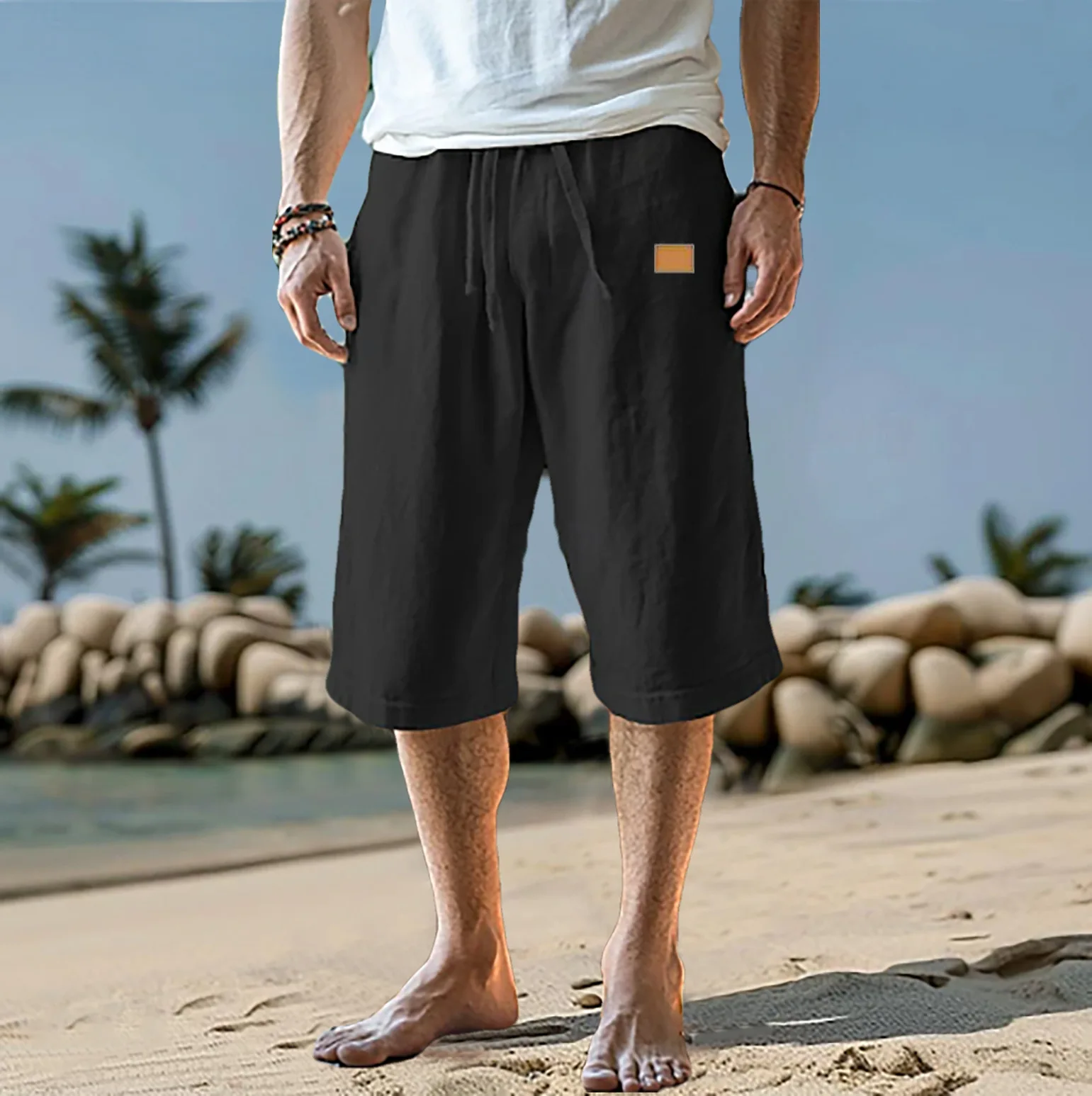 Leather Men's Cropped Pants Shorts Summer Shorts Beach Pumping Straight Pants Solid Color Comfortable Outdoor