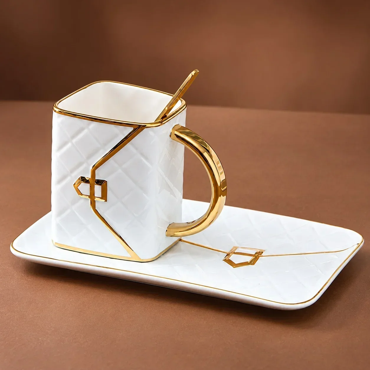 310ml White Handbag Shaped Ceramic Coffee Mug with Saucer and Spoon, Gold Color Handle for Tea Home and Office Drinkware Gift