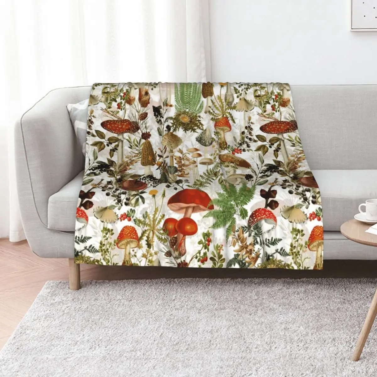 Vintage Midnight Mushrooms Forest Botanical Garden Pattern - White Throw Blanket Quilt Furry bed plaid Blankets