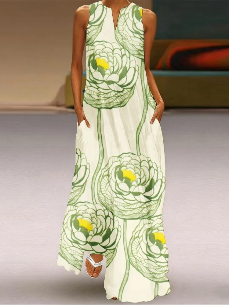 

Women Vintage Floral Print Maxi Sundress 2026 Summer Sleeveless Split Neck Casual Long Dress with Pocket Bohemian Robe Plus Size