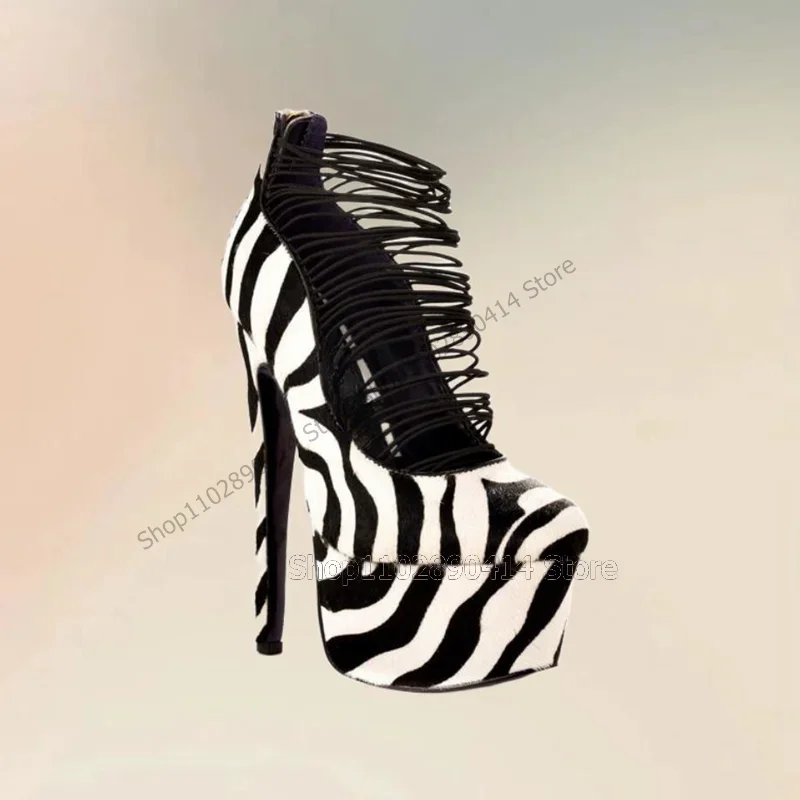 

Zebra Print Strappy Round Toe Platform Pumps Back Zipper Women Shoes Thin High Heels Fashion Banquet 2025 Zapatos Para Mujere
