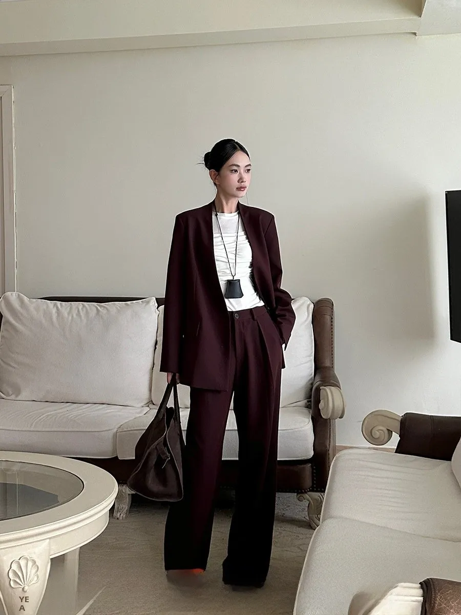 

Venuii Deep Wine Red Color Suit Set Women's Faionable Collarl Wide Leg Pants Two Piece Set Casual Sle Button Closure