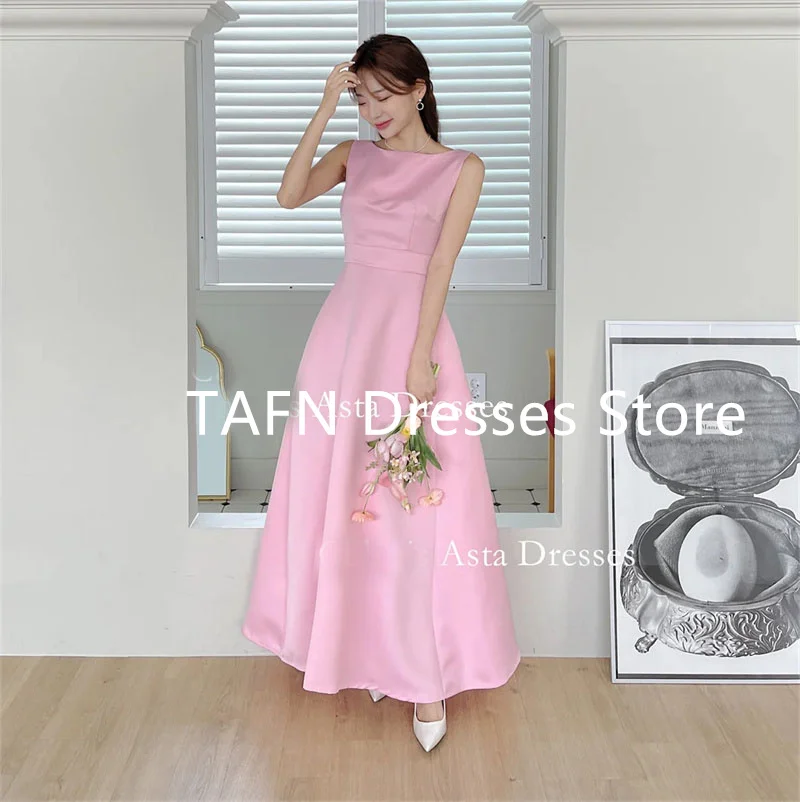 

TAFN Korea Simple Evening Dresses 웨딩드레스 Satin Sleeveless Ankle Length Customized A-Line Prom Gowns Plus Size Formal Party