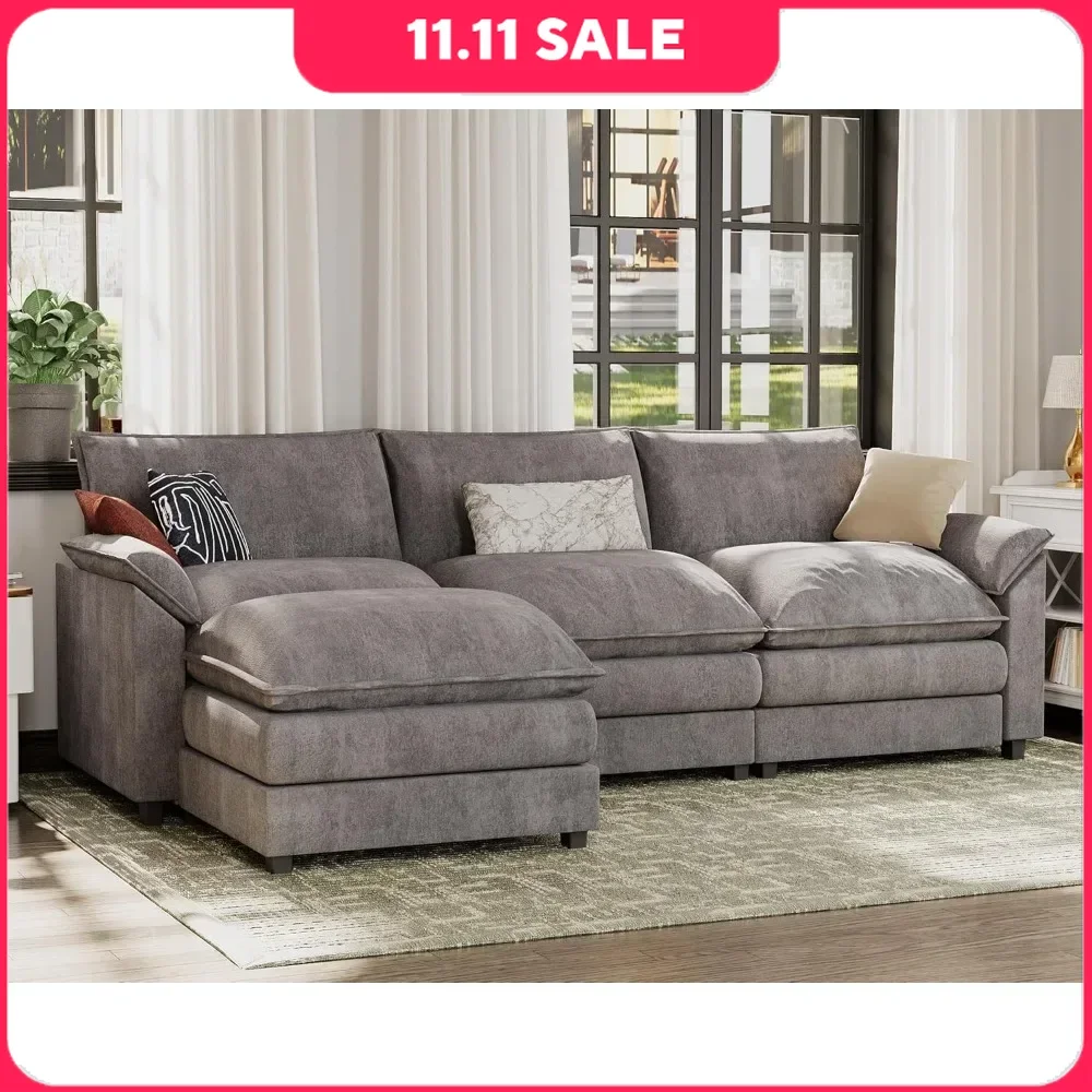 Sectional Sofa Modern Deep Couch with Reversible Ottoman L-Shaped Chenille Fabric Modular Sofa Sleeper Comfy Living Room Sofa