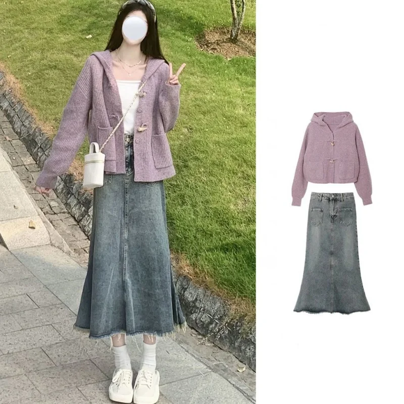 

Women Autumn Winter Hooded Sweater Cardigan Denim Skirts Sling 1 or Three Piece Set Lady Purple Knit Coat Slim Skirt Outfits