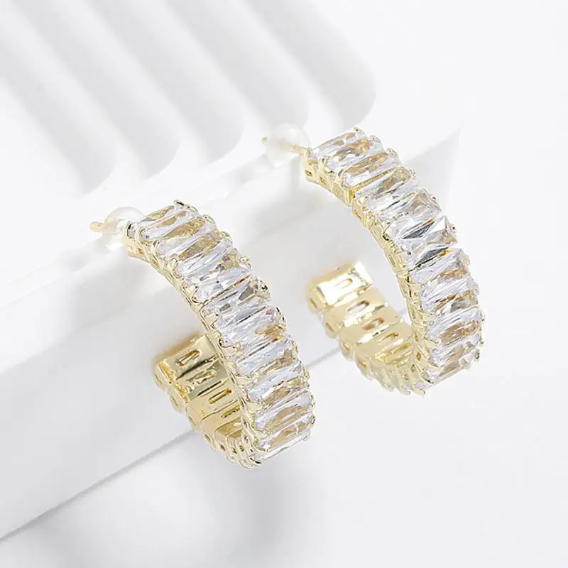 ZAKOL Geometric Square Zircon Arrangement Stud Earring for Women Korean Fashion C Shape Earrings Girls Wedding Party Jewelry