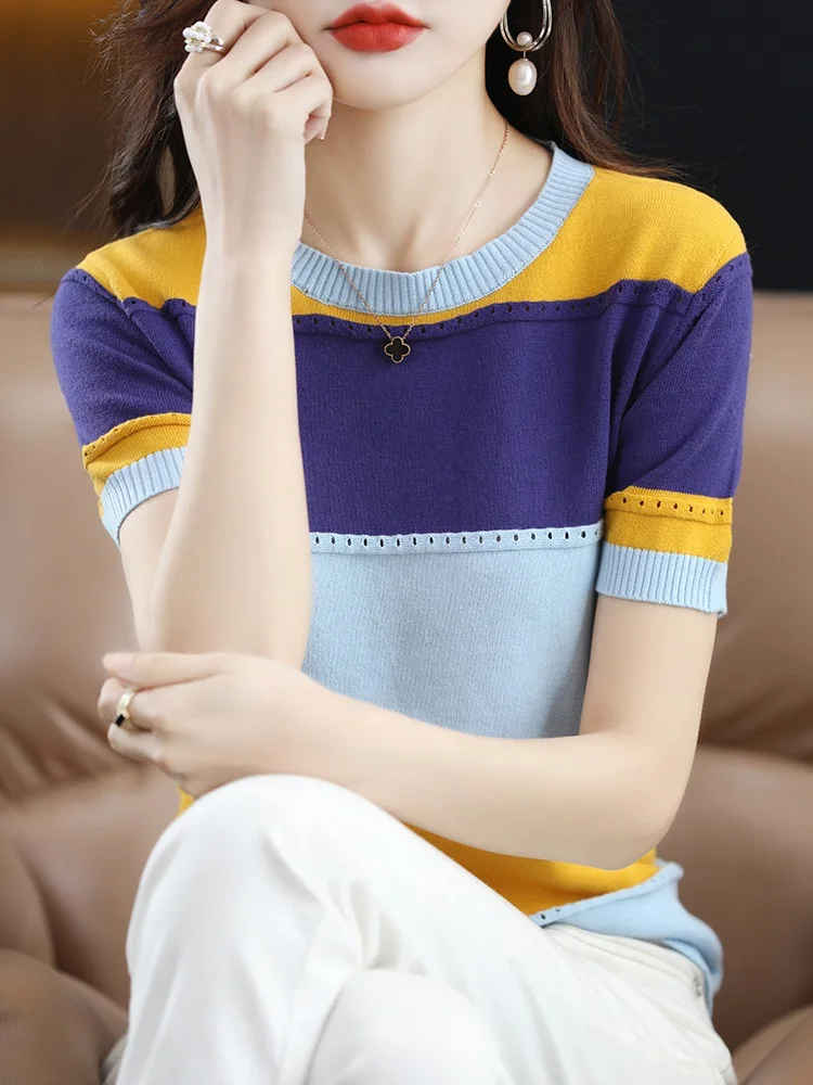 TuangBiang 2023 Eyelet Biue Pink Striped Cotton Knitting T-Shirts Hollow Out Women Short Sleeve Pullovers Elastic Patchwork Tops