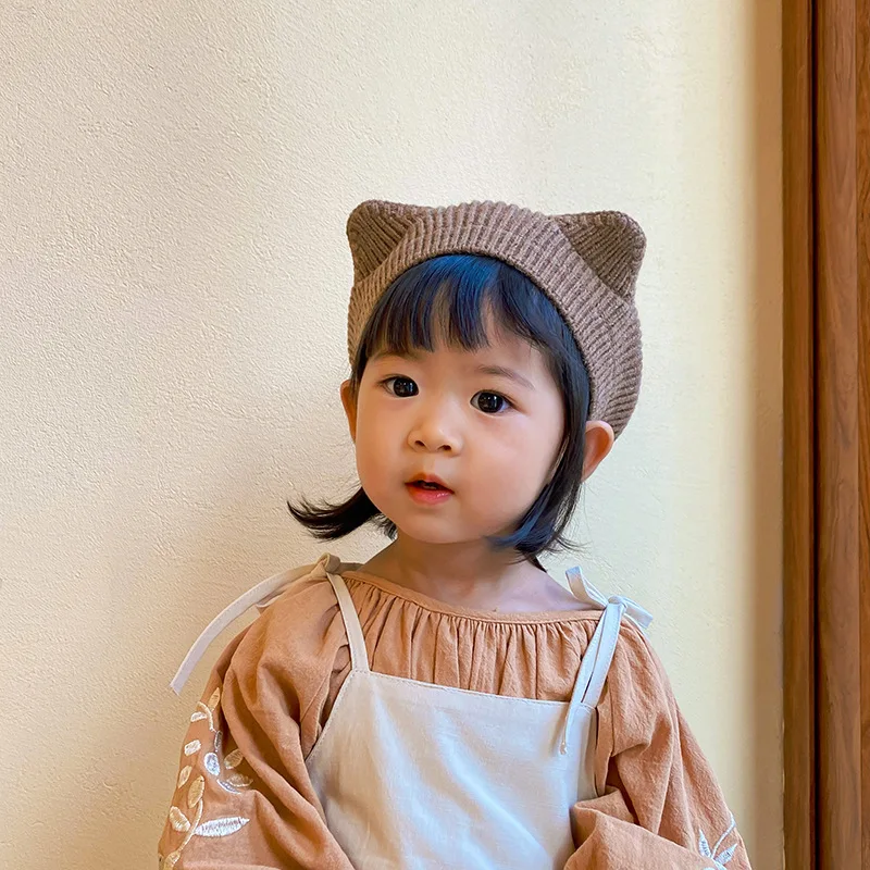 Cute Baby Knit Beret Hat Cartoon Cat Ears Beanie Cap for Toddler Boy Girl Autumn Winter Warm Crochet Kids Artist Painter Caps