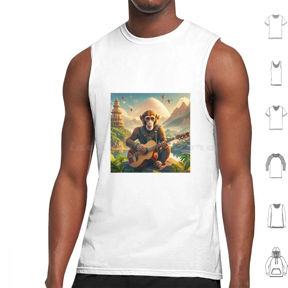 De Harmonische Aap: Een Gitaarspelend Wezen Bereikt Op De Bergtop تانك القمم طباعة القطن القرد Gitaar Ai Rust Muziek Aap #1