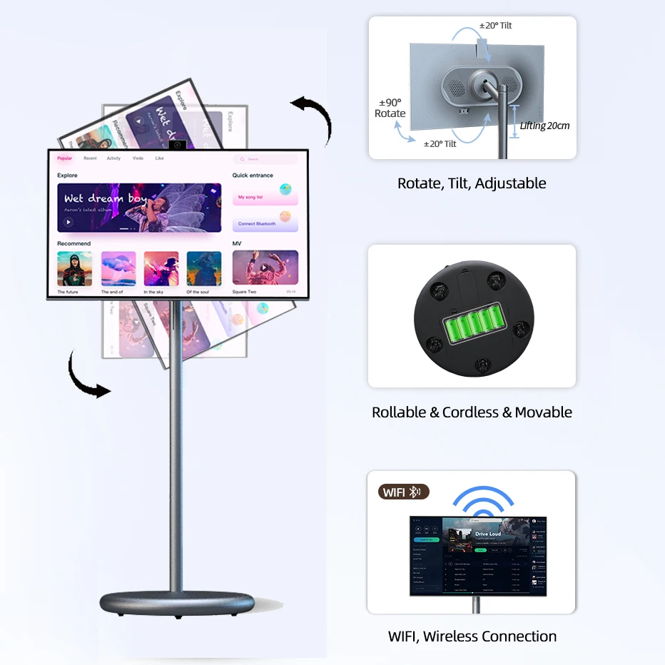 شاشة تلفزيونات ذكية Iptv كبيرة الحجم 27 32 بوصة كمبيوتر لوحي مدمج ببطارية مكبر صوت أندرويد 13 شاشة لمس محمولة تلفزيون ذكي