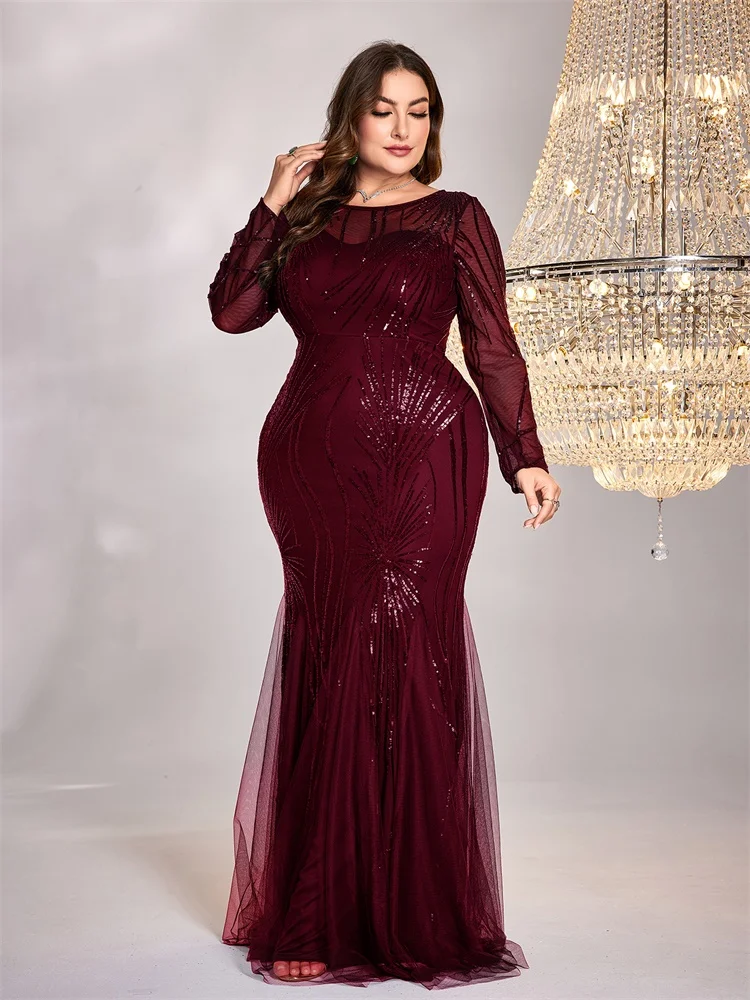 Plus Size Red Elegant Long Sleeves Sequin Tulle Evening Dresses Women Luxury O-neck Mermaid Formal Wedding Party Maxi Prom Gown view 2