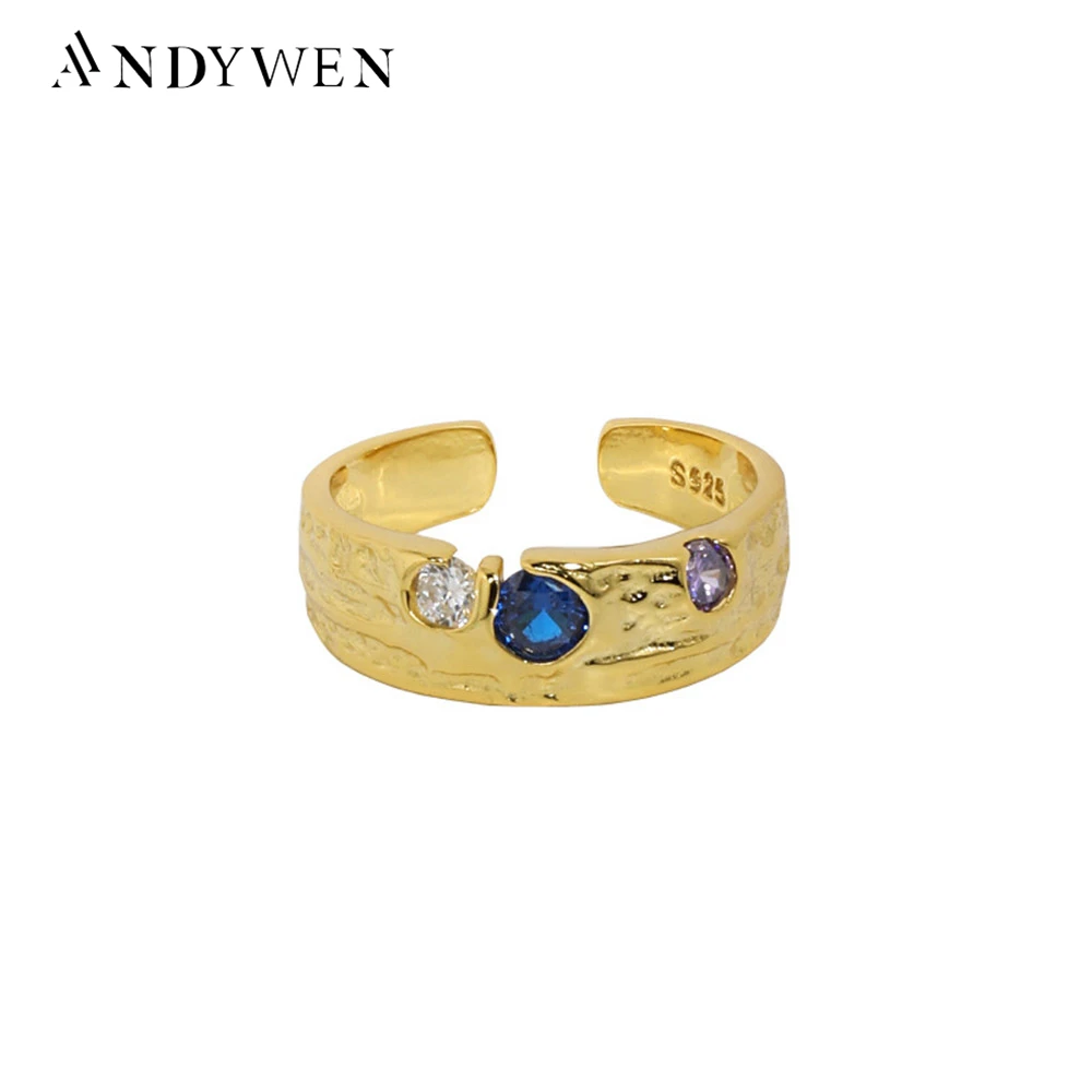 ANDYWEN 925 Sterling Silver 2021 Gold Purple Blue Zircons Resizable Rings Women Geometric Irregular 2021 Wedding Gift