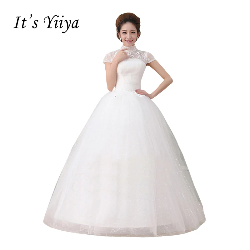 

Clearance white princess wedding dress High Collar Short Sleeves Beads Floor Length Lace up Ball Gown Vestidos De Novia HS092