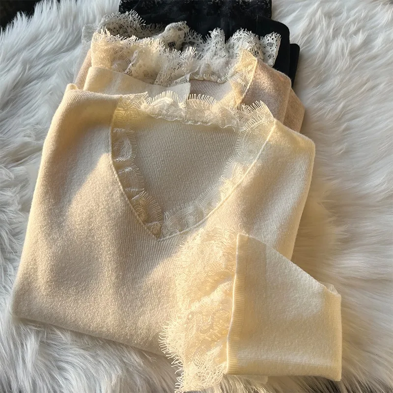 

Autumn Lace Patchwork Knit Base Layer Shirts Slimfit Solid Color Long Sleeved Top V-neck All Match Pullover Sweater