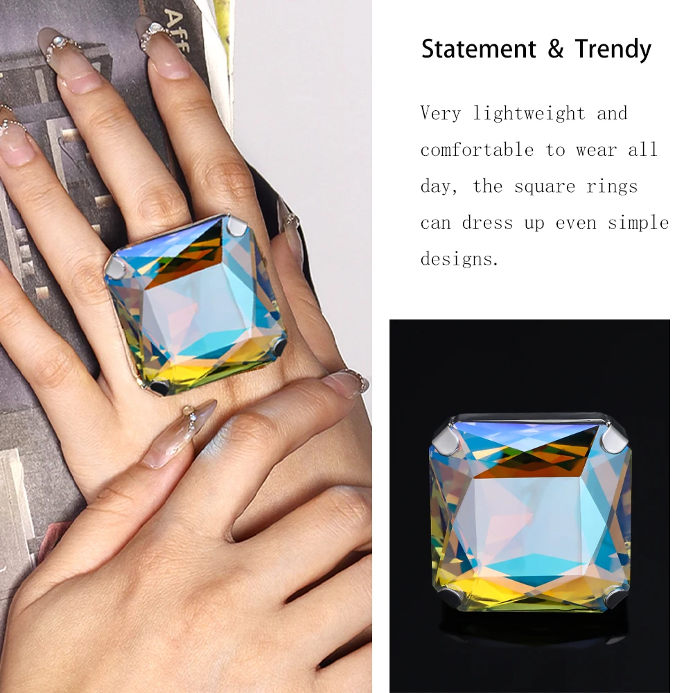 Vintage Square Rhinestone Large Rings Finger Decoration for Women Wedding Crystal Open Ring Adjustable Jewelry Accessories