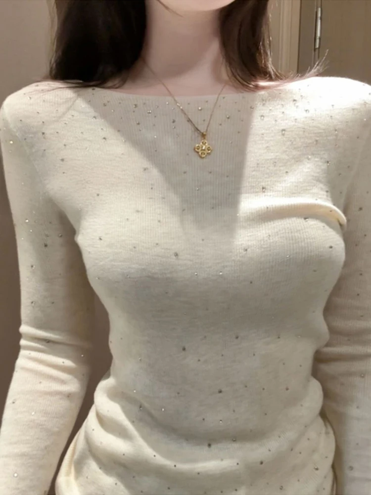 White Knitted Long Sleeve Women's Base Shirt Diamond Heat Pressed Slim Fit Spring Autumn Fashionable Base Layer Top