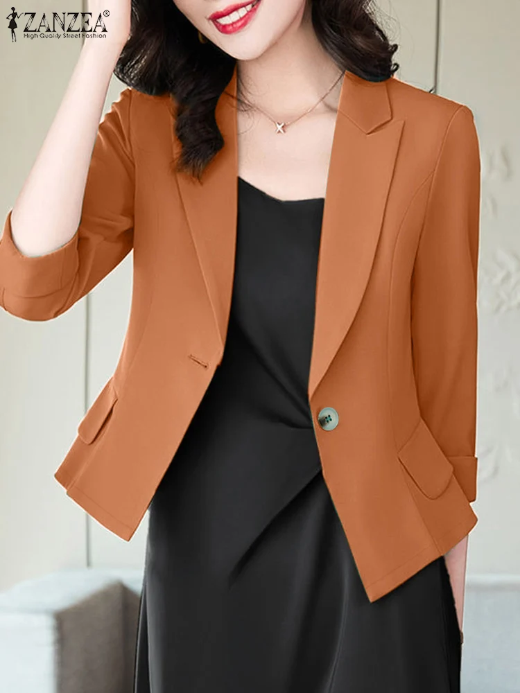 ZANZEA Women 2025 Spring Suit Coats Commute Solid Color Elegant Office Lady Blazer 3/4 Sleeve Lapel Neck Trendy Casual Blazer