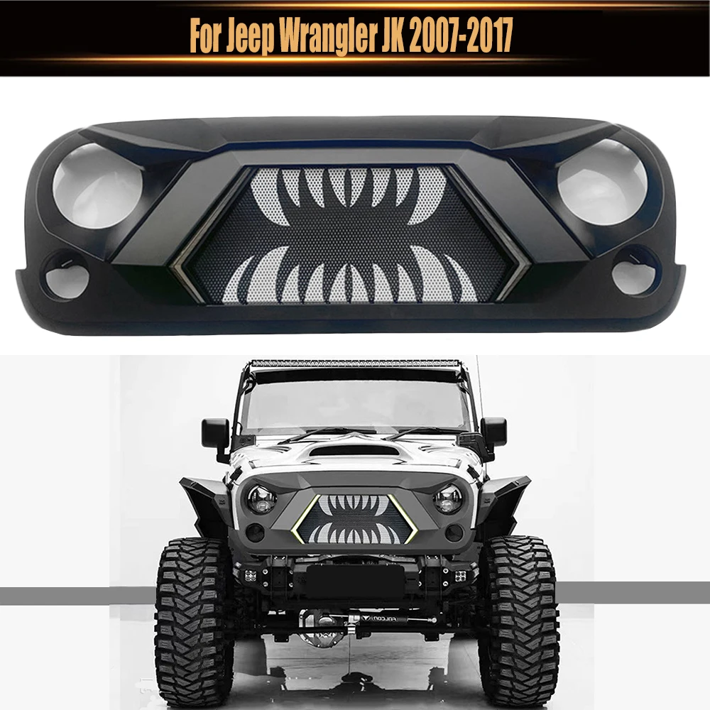 Car Accessories Front Racing Grills ABS Grill Mesh Raptor Grille Mask Trims Cover For Jeep Wrangler JK 2007-2017 With DRL Light