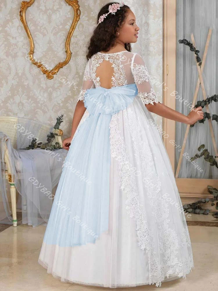 Vintage Lace First Communion Dress Half Sleeves Keyhole Back Princess Flower Girl Dress with Sash/Ribbon Kids Custom Party Gown