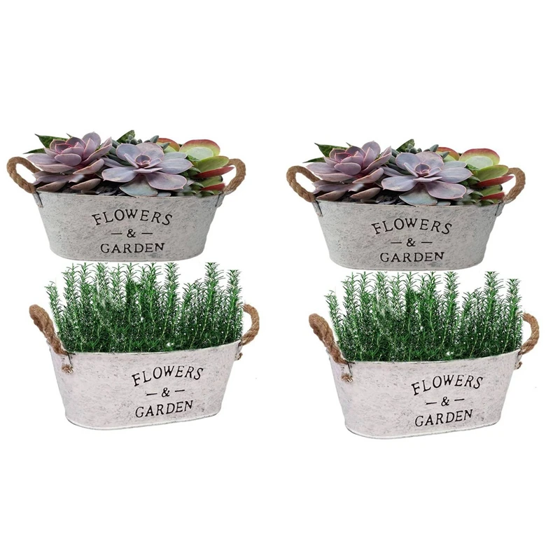 

Set Of 4 Rustic Metal Planters With Handles,Farmhouse Succulents Herbs Pots,Vintage Plants Container For Indoor