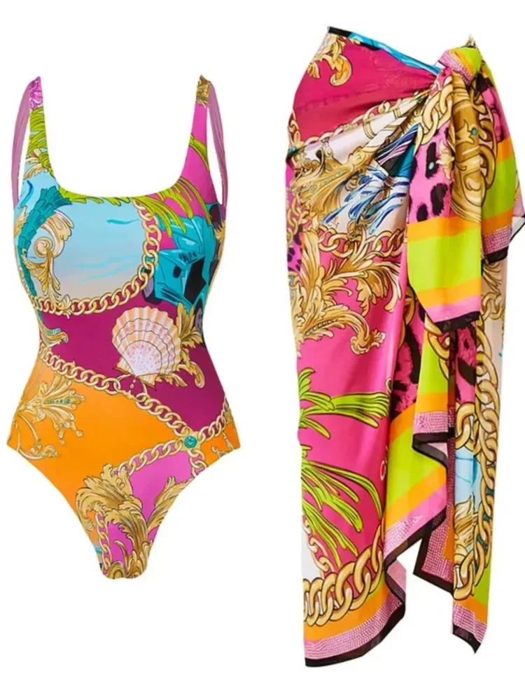 Retro Bikini Printed Fashion One Piece Swimsuit And Cover Up With Skirt Tight Women's Bandage Summer Beach Luxury Elegant