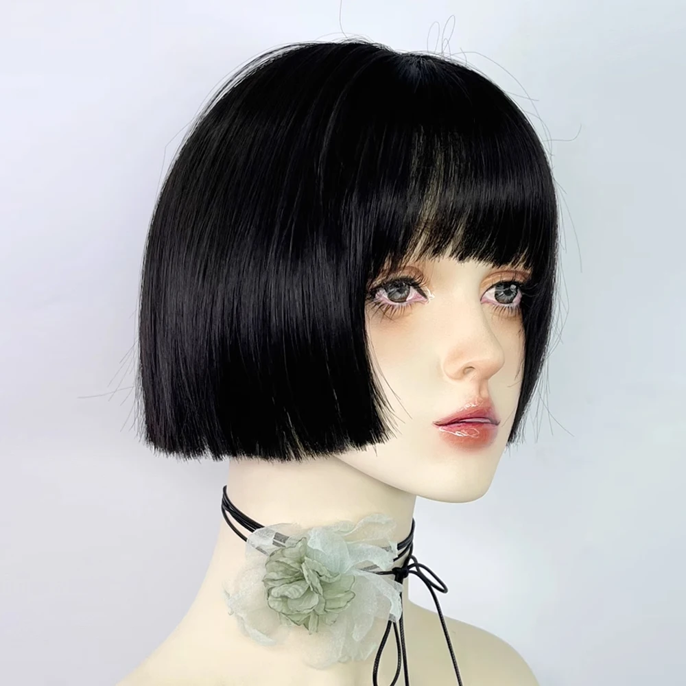 VICWIG Synthetic Short Straight Black Wigs with Bangs Lolita Cosplay Women Natural Hair Wig for Daily Party