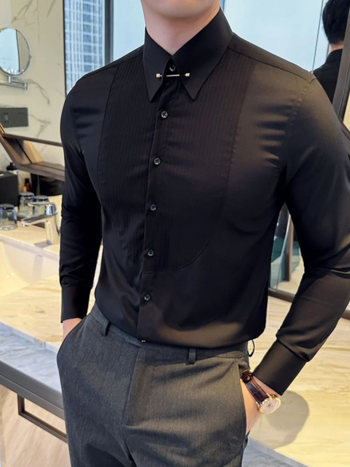 2023 autumn Pleated Metal Decorative Shirt Men Long Sleeve Casual Business Dress Shirts Social Party Tuxedo Blouse men clothing