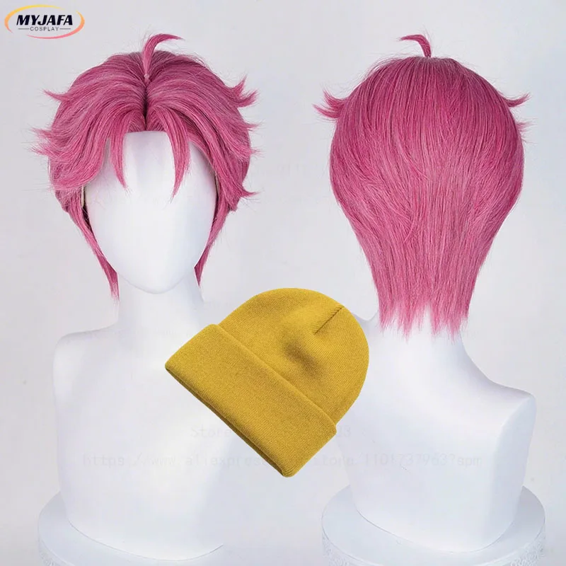 

Высокое качество Эбби Косплей Парик Сая Мальчики Короткие Розовые Розовые Центральный Пробор Кожи головы Термостойкие Синтетические Волосы Аниме Парики + Кепка Для Парика