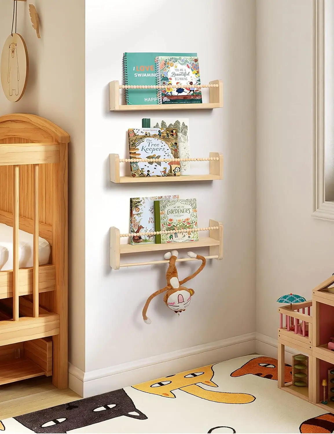 مجموعة من 3 أرفف عائمة من الخشب الطبيعي مع شريط منشفة لمنظم الحائط في الحضانة وغرفة النوم والمطبخ #2