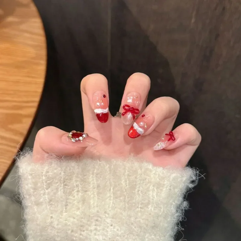 10Pcs Red Handmade Almond Press on Nails 3D Bow&Wreath with Pearl Design Acrylic French Nail Tips for Women&Girls Daily Wear