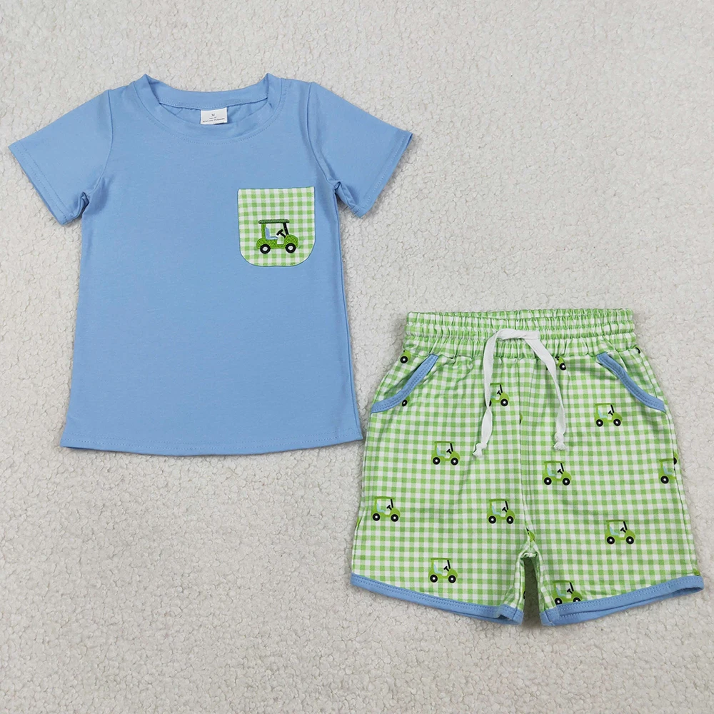 Nueva Moda en Ropa para Bebés Niños, Conjuntos de Ropa con Bordado de Camiones de Golf, Bolsillos, Top y Pantalones Cortos a Cuadros, Ropa de Boutique para Niños, Ropa para Hermanos, Oferta