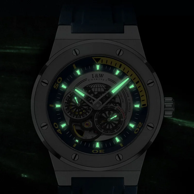I&W Orologi di lusso da uomo 42mm Orologio alla moda Orologio da polso meccanico automatico Cinturino in caucciù luminoso impermeabile Zaffiro militare