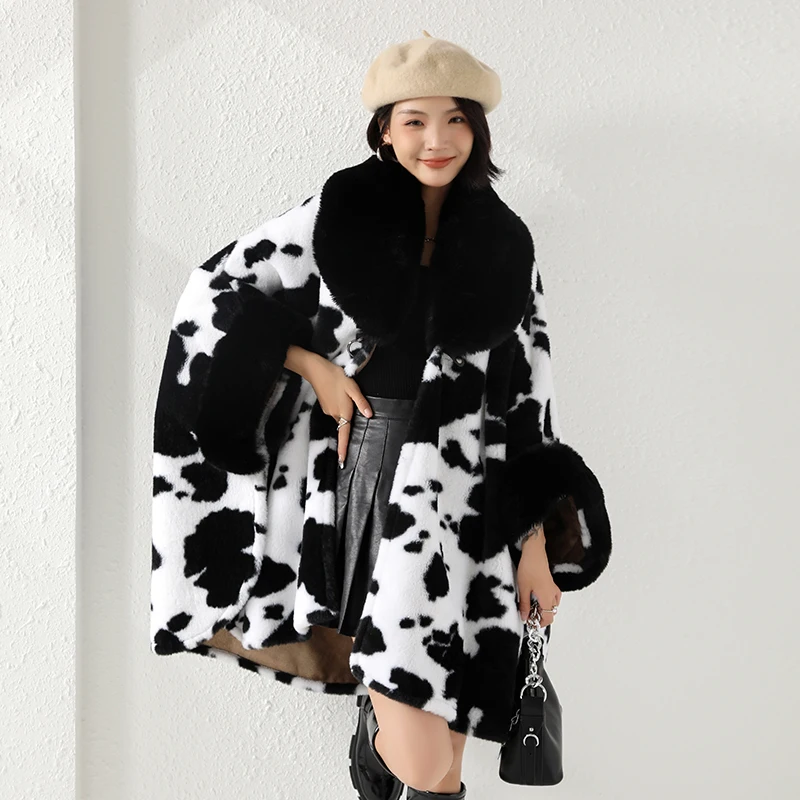 2024 Women Circle Faux Rabbit Fur Neck Winter Cape Thick Warm Leopard Printed Cloak Batwing Sleeves Loose Streetwear Overcoat