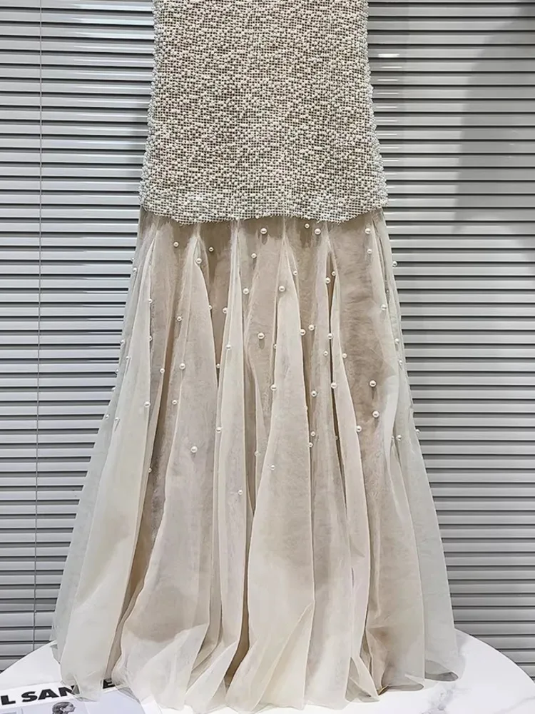 DFDG Damska Letnia Beżowa Sukienka Maxi Bez Rękawów Z Tiulu, Ozdobiona Perłami, Elegancka, Formalna, Na Imprezę, Modna Sukienka Damska 2025