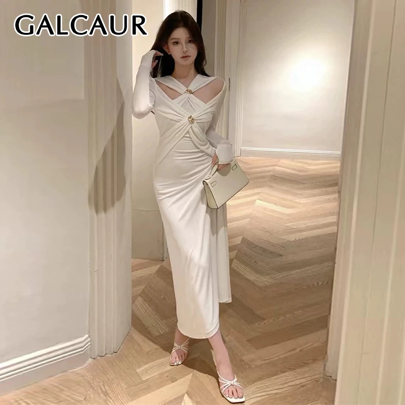 

GALCAUR Hollow Out Solid Crisscross Dress For Women V Neck Long Sleeve High Waist Elegant Slimming Folds Dresses Female Spring