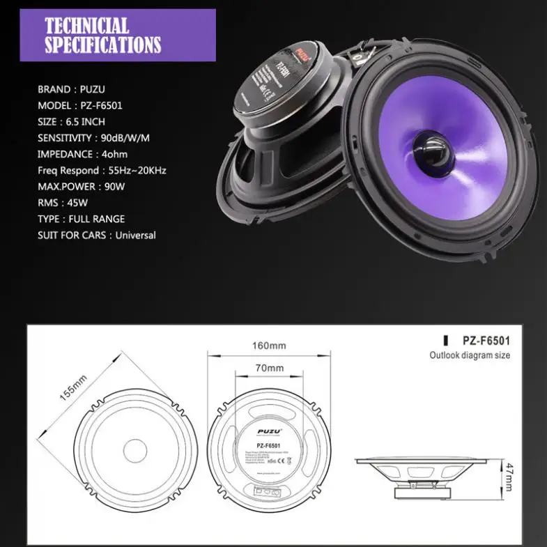 2pcs 6.5 Inch 90W Full Range Frequency Car Audio Speaker Heavy Mid-bass Ultra-thin Modified Speaker Non-destructive Installation