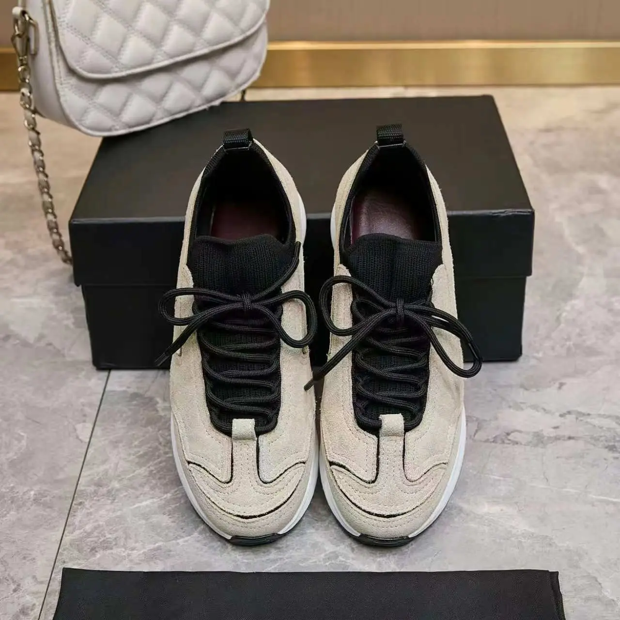 Men Women Beige Black Color Block Suede Sock Collar Thick Sole Running Shoes Stretch Knit Splicing Low Top Shoes Minimalist Couple Lace-up Anti-slip Jogging Sneakers