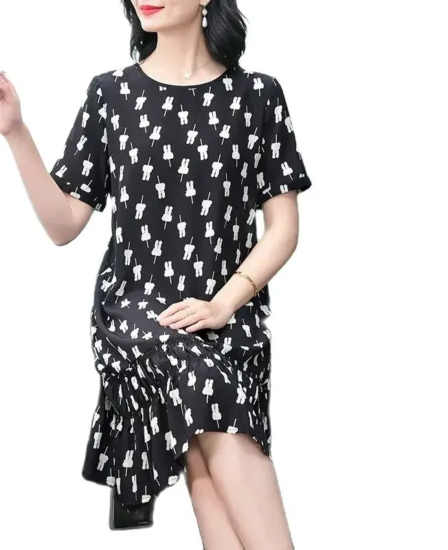 BirdTree, 100%Real Silk Eleagnt Dresses, Women Short Sleeve Printed, OL Commute Oversize Mom Dress, 2024 Summer New D44819QC