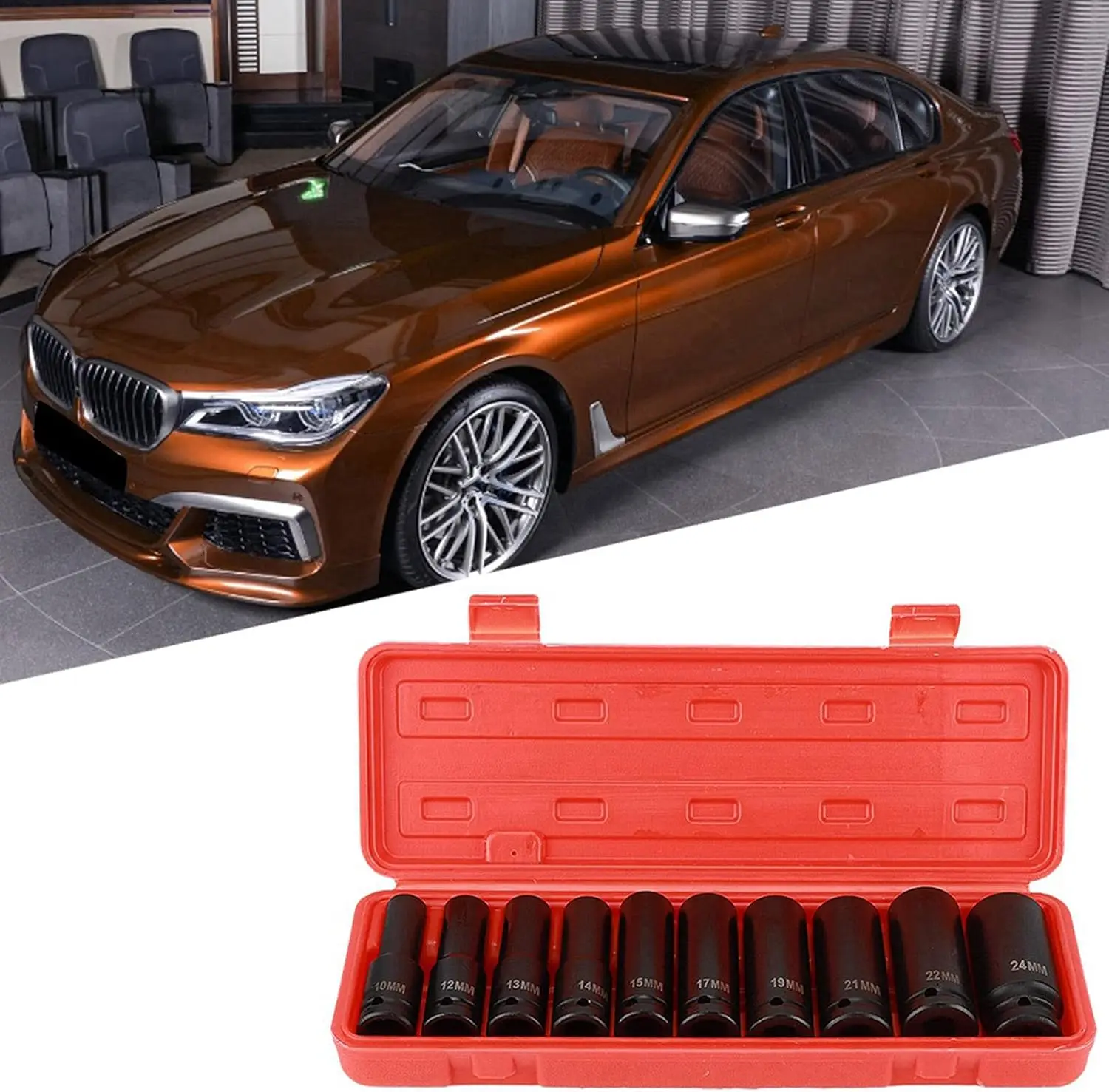 

Набор ударных головок, 10 шт. 1/2 дюйма, набор инструментов для глубокой ударной головки высокой твердости, 6-точечный адаптер для ремонта с хранилищем C