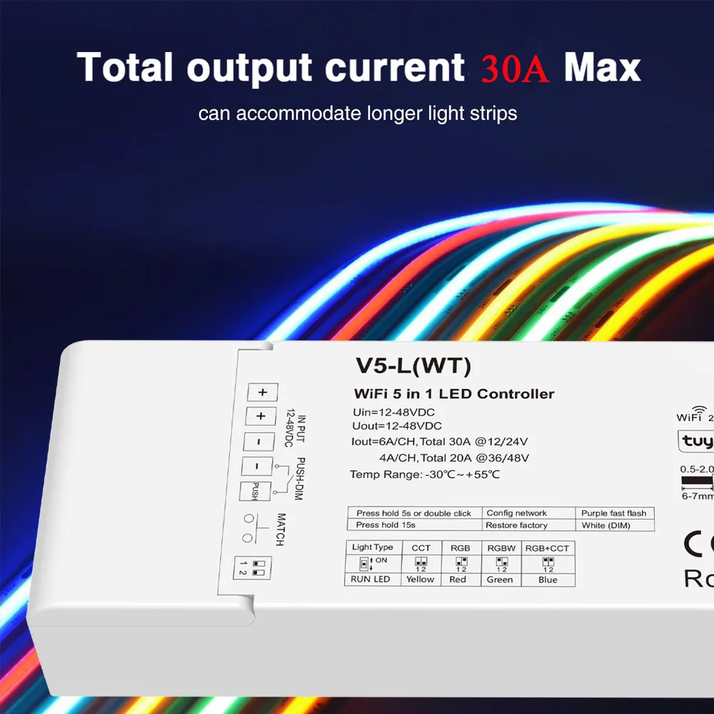 CENFAYA WiFi 5 in1 LED Controller DC 12V 24V 36V 48V 30A Dimmer With AC Push Switch Dimming TUYA APP Voice Control Music Model