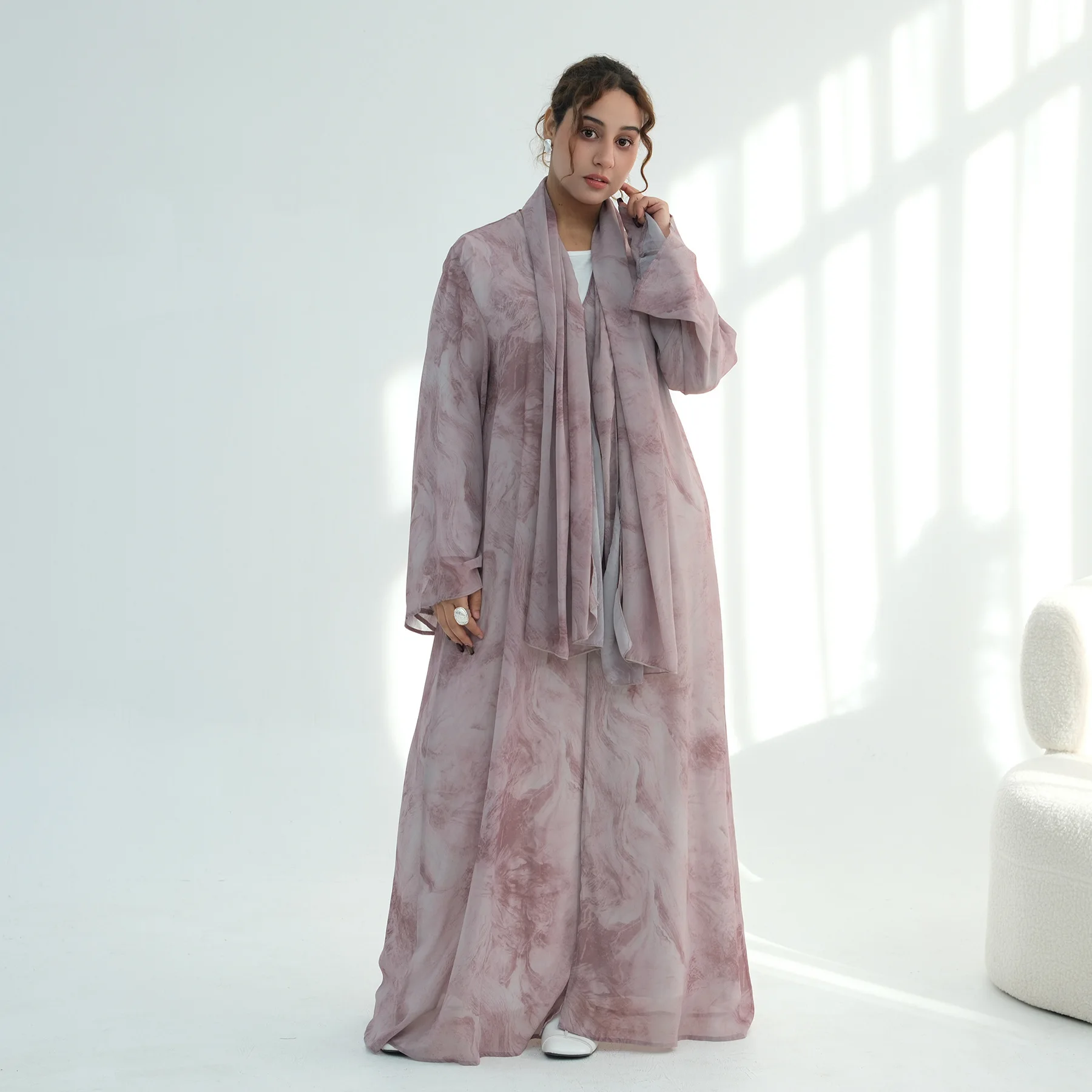 도매 쉬폰 오픈 아바야 옴브레 수채화 마블 타이다이 프린트 프리미엄 두바이 아바야 2피스 세트 이슬람 의류