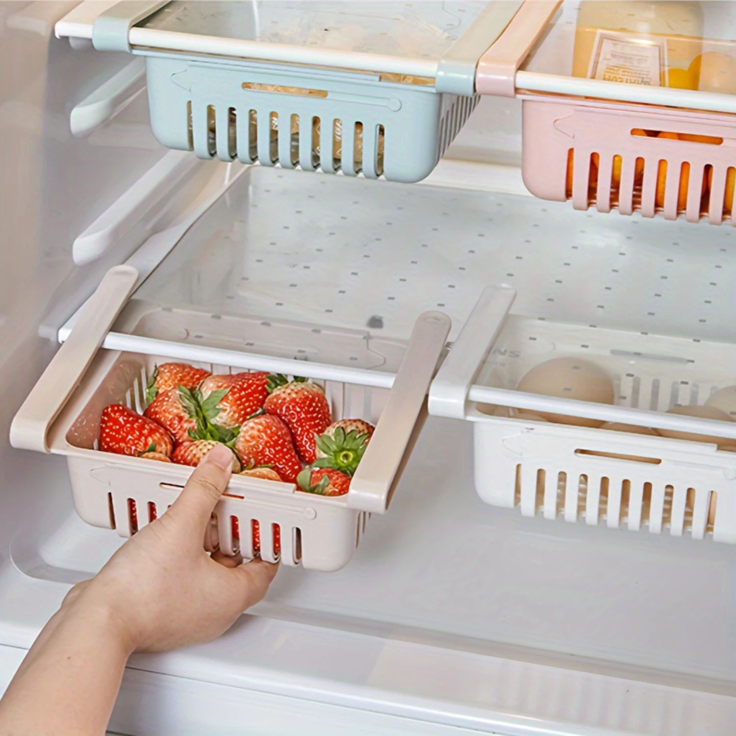 

1pc Plastic Egg Tray Organizer - Adjustable Fridge Basket, Pull-Out Drawer Design, Space-Efficient Fresh Produce Holder, Multip