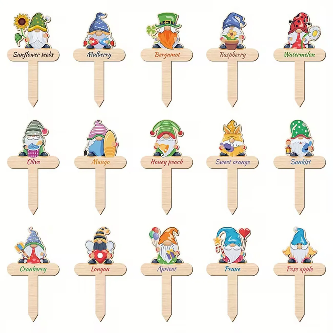 15 Pcs Wooden Gnome Plant Markers Cartoon Dwarf Garden Stakes Tags for Potted Plants Backyard Planting Decoration