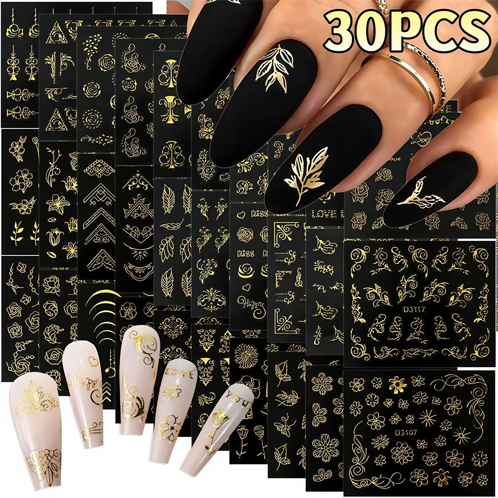 30Pcs 3D Luxury Golden Flower Leaf Lace Design Nail Stickers Baroque Lace Floral Manicure Tips Decals Womens DIY Nail Decoration