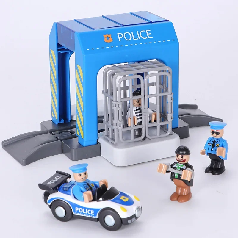 Accessori per scene di città per autolavaggio della stazione di polizia compatibili con i giocattoli da pista per bambini Pista del treno in legno in plastica