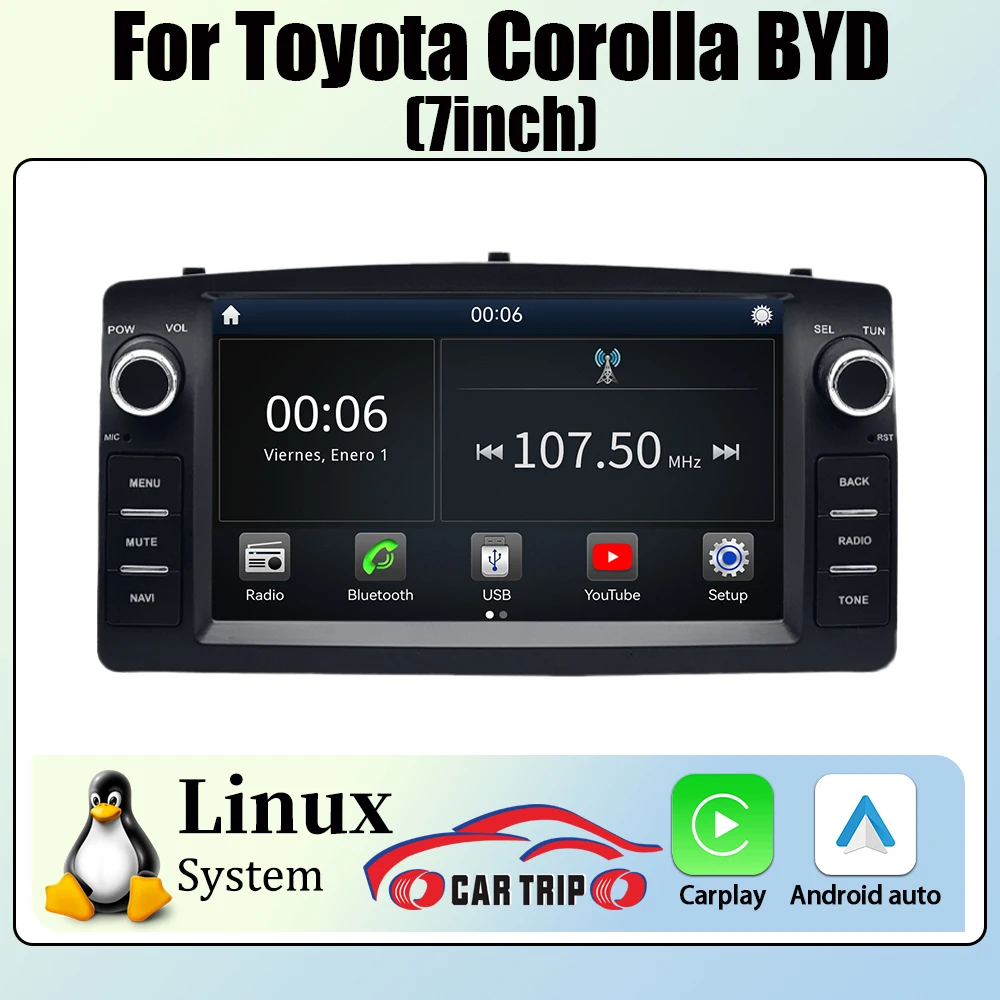 

7-дюймовый 2DIN мультимедийный проигрыватель на Linux для Toyota Corolla E120 и BYD F3 с CarPlay, Android Auto, Bluetooth 5.0, GPS-навигацией