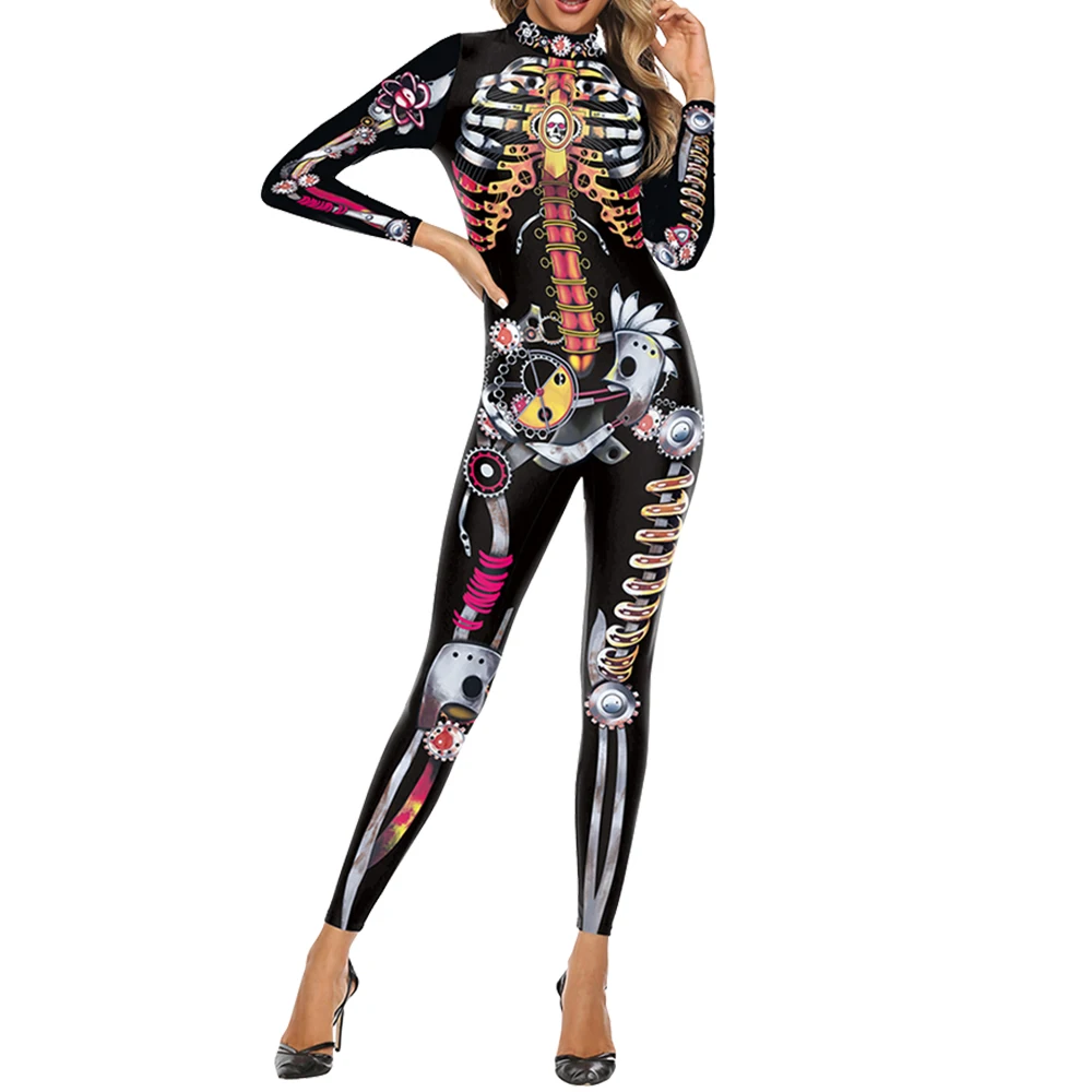 Halloween Funny Robot Catsuit Cosplay Costume Women Digital Printing Bodysuit Party Long Sleeve Disguise Oufit Stage Jumpsuit